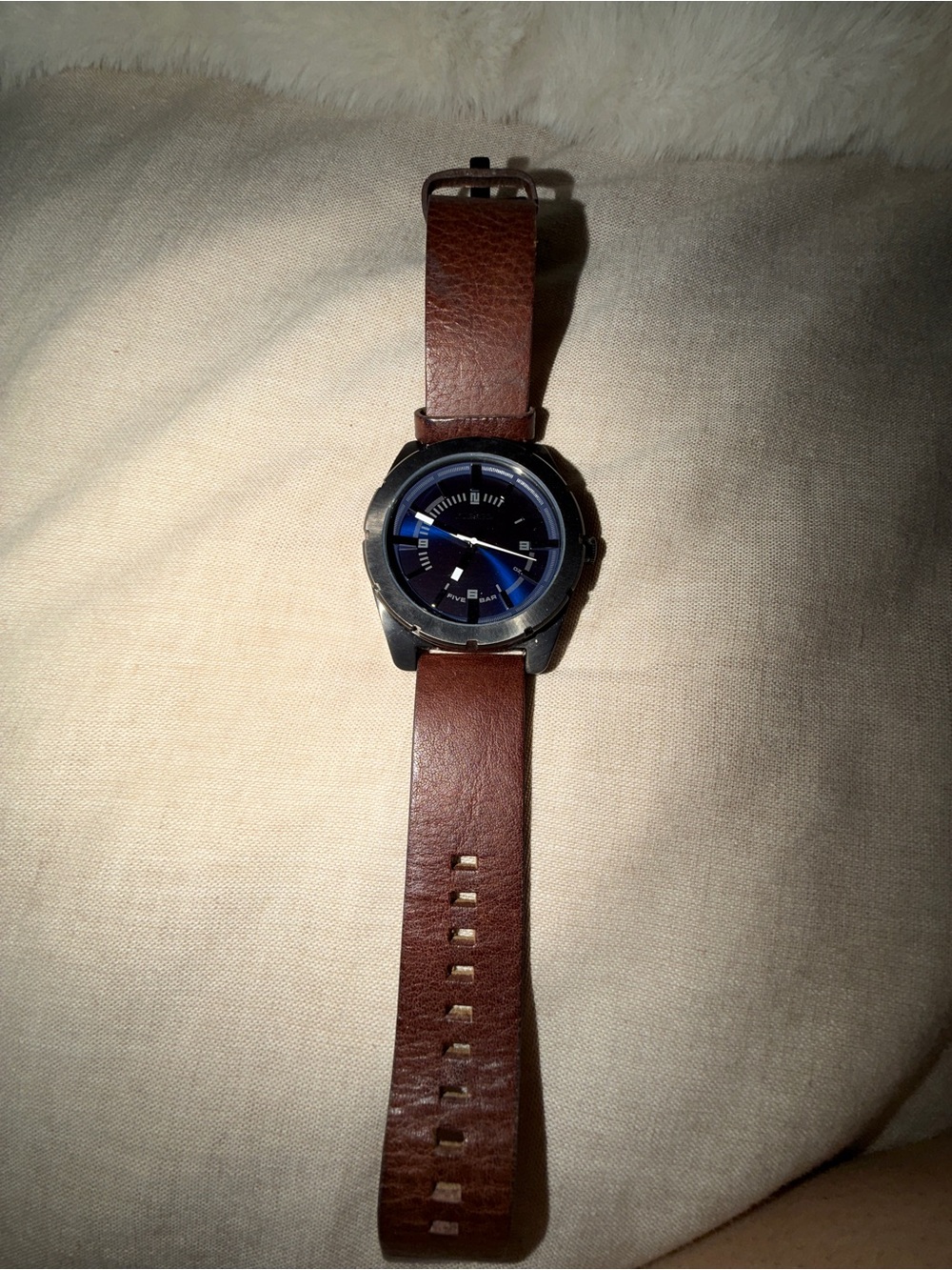 Diesel Men's Brown Leather Strap Watch with Blue Dial